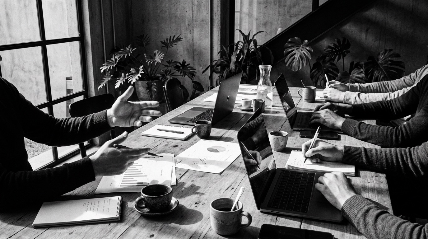 Mãos de uma equipe sobre uma mesa de reunião com notebooks, gráficos e xícaras de café